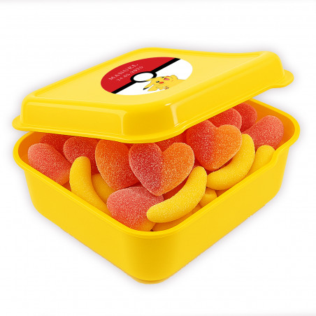 Contenitore giallo con adesivo pokémon e dolcetti per feste infantili