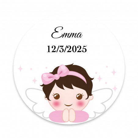 Adesivo angelo bambina rotondo 3cm personalizzabile per battesimo