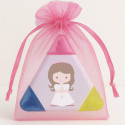 Marcatori tricolore personalizzati per comunione con adesivo bambina comunione in sacchetto di organza
