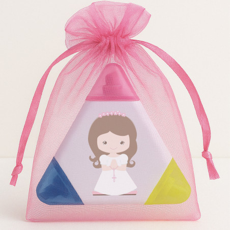 Marcatori tricolore personalizzati per comunione con adesivo bambina comunione in sacchetto di organza