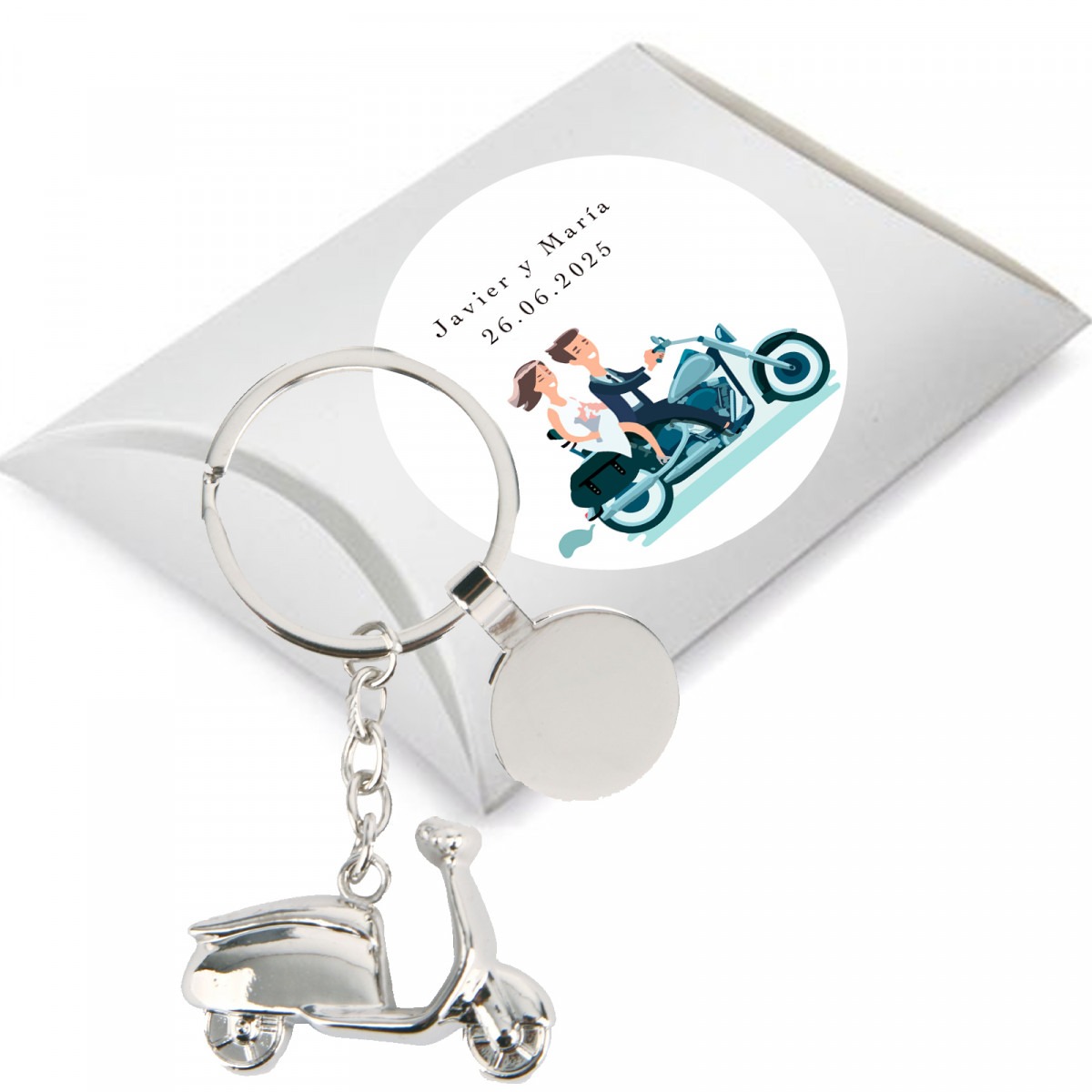 Portachiavi scooter e adesivo personalizzato per dettagli matrimonio in scatola di cartone color argento
