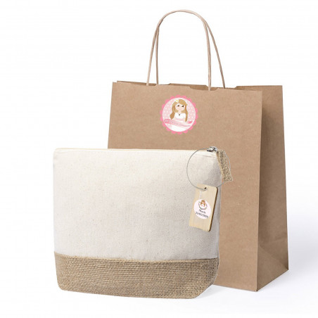 Necessaire con zip in tessuto presentato in borsa di kraft con adesivi personalizzati per comunione