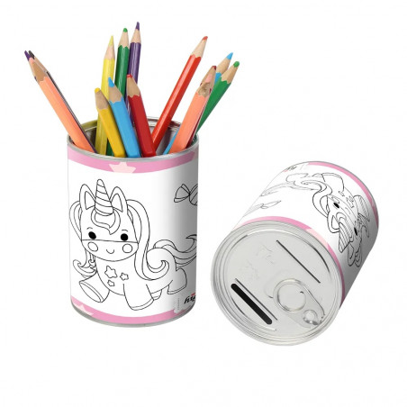 Contenitore per risparmiare e portapenne da colorare modello unicorno