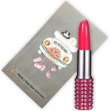 Penna originale a forma di rossetto con busta kraft di colore grigio e adesivo personalizzato