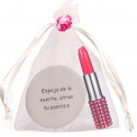 Specchio con frase in borsa di organza beige con penna rossetto