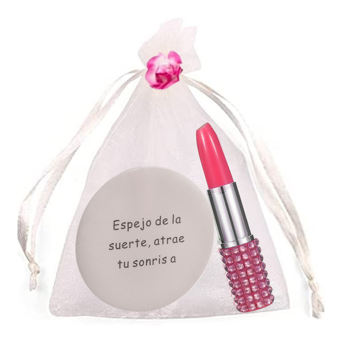 Specchio con frase in borsa di organza beige con penna rossetto