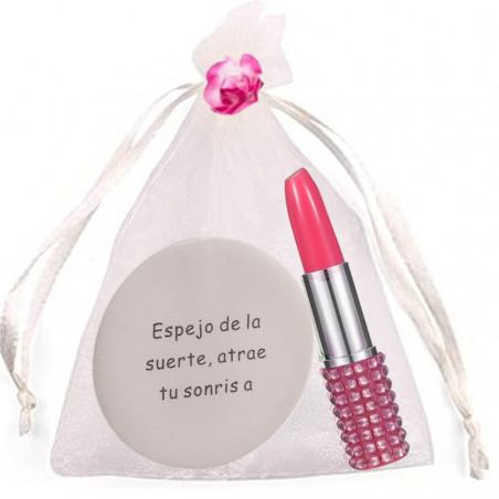 Specchio con frase in borsa di organza beige con penna rossetto