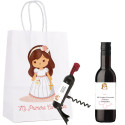 Botiglia di vino con cavatappi personalizzato in sacchetto per bambina comunione