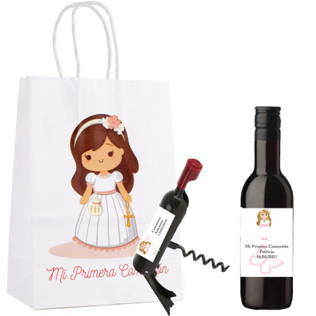 Botiglia di Vino con Cavatappi Personalizzato in Sacchetto per Bambina Comunione