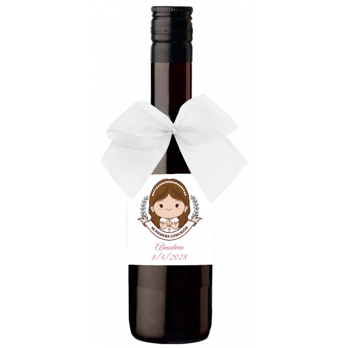 Botiglia di vino personalizzata per dettaglio di comunione con fiocco decorativo