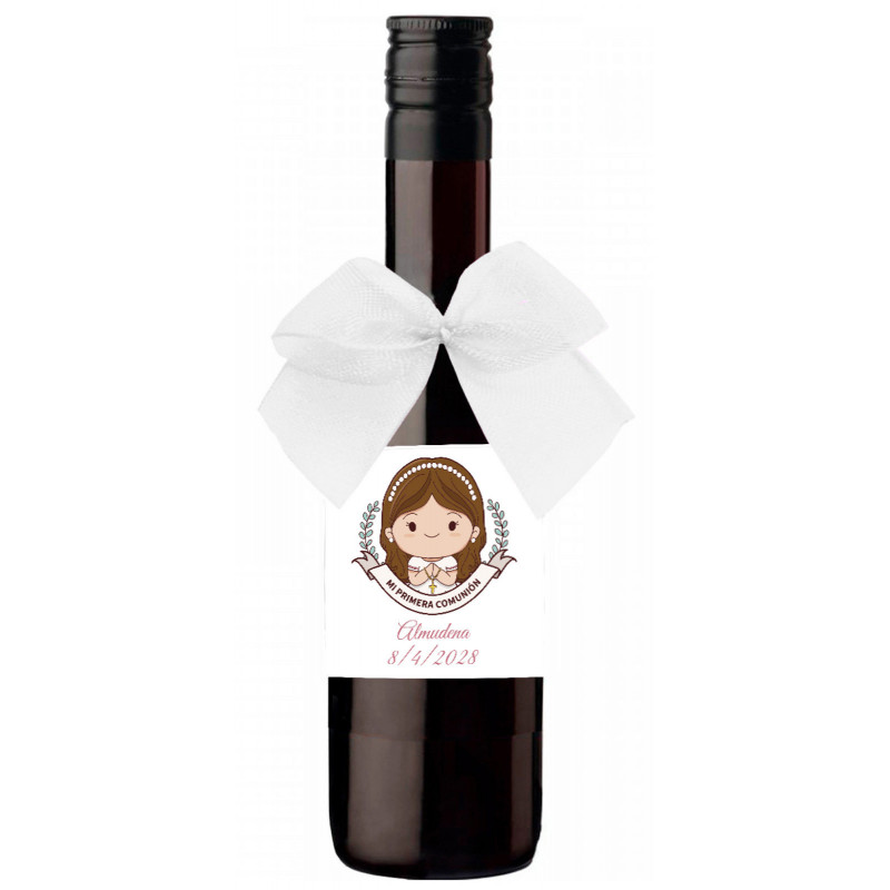 Botiglia di vino personalizzata per dettaglio di comunione con fiocco decorativo