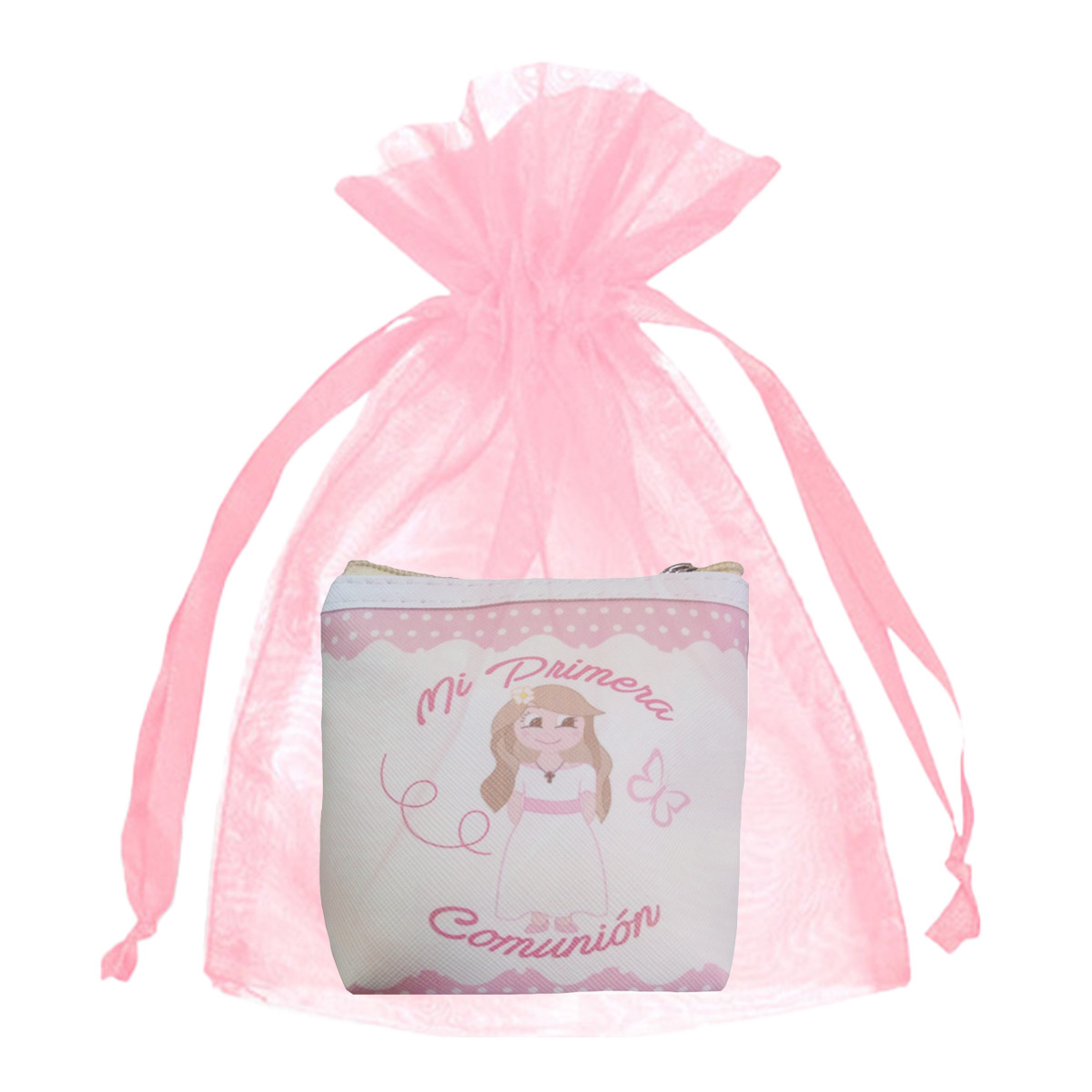 Portamonete per la prima comunione con sacchetto in organza rosa