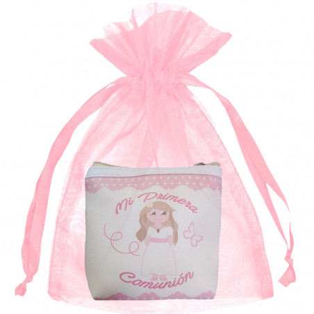 Portamonete per la prima comunione con sacchetto in organza rosa
