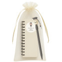 Penna di laurea con quaderno personalizzato in borsa di organza