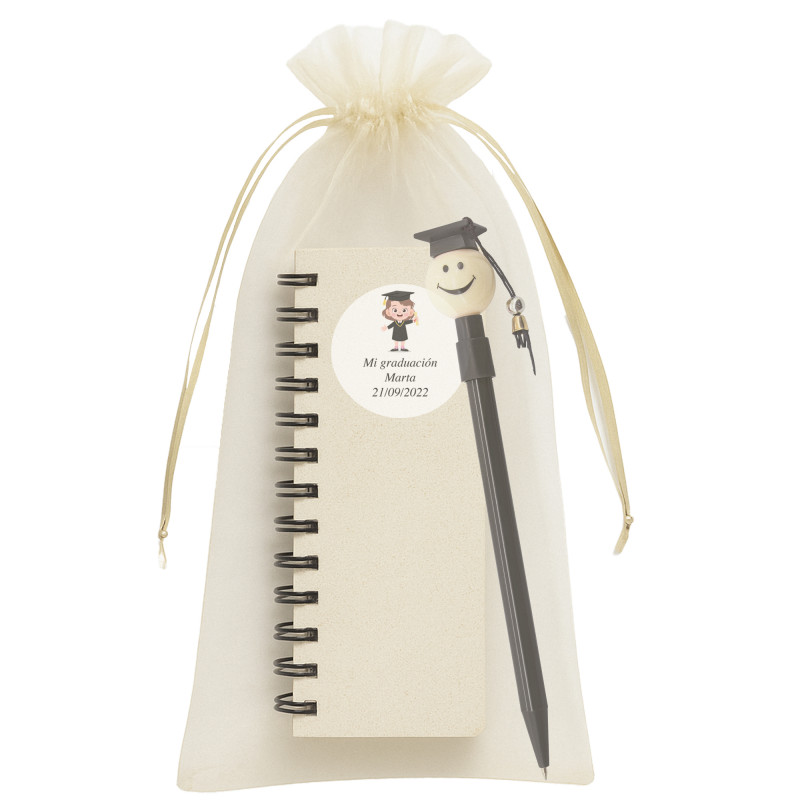 Penna di laurea con quaderno personalizzato in borsa di organza