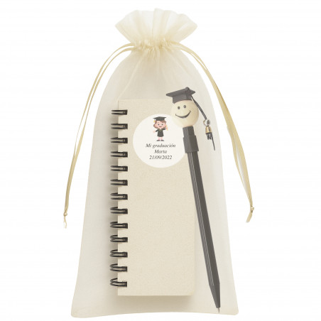 Penna di laurea con quaderno personalizzato in borsa di organza