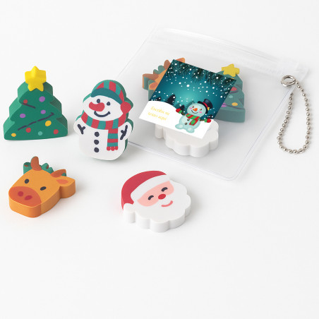 Gomme da cancellare a forma di pupazzi di Natale presentate con adesivo per personalizzare