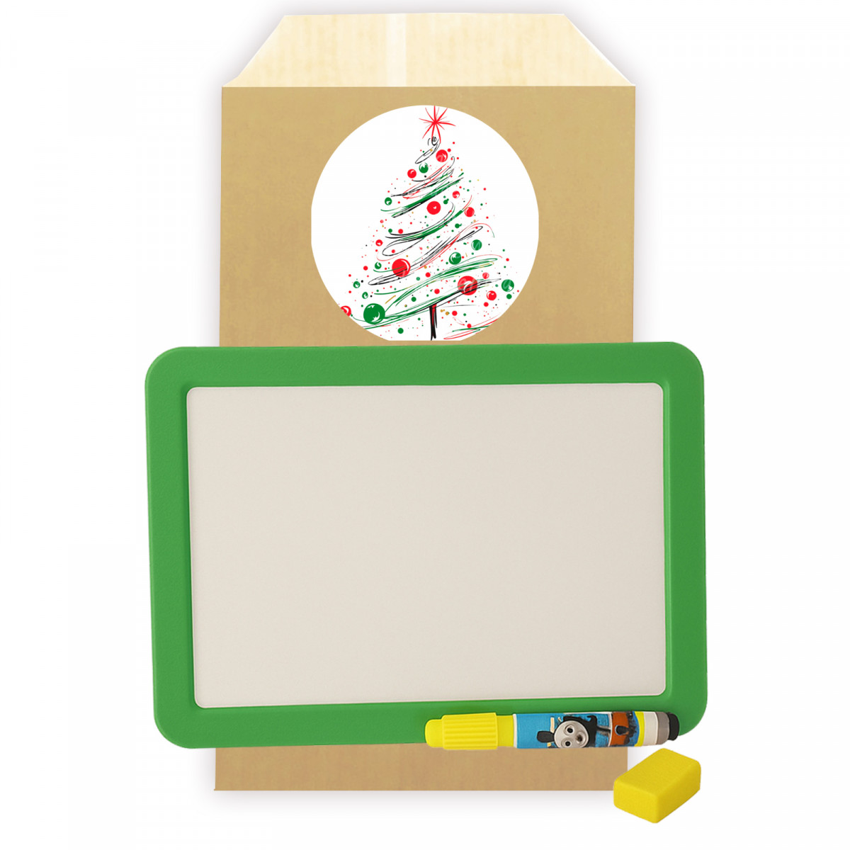 Lavagna bianca piccola per bambini con pennarello presentata in busta regalo con adesivo personalizzato