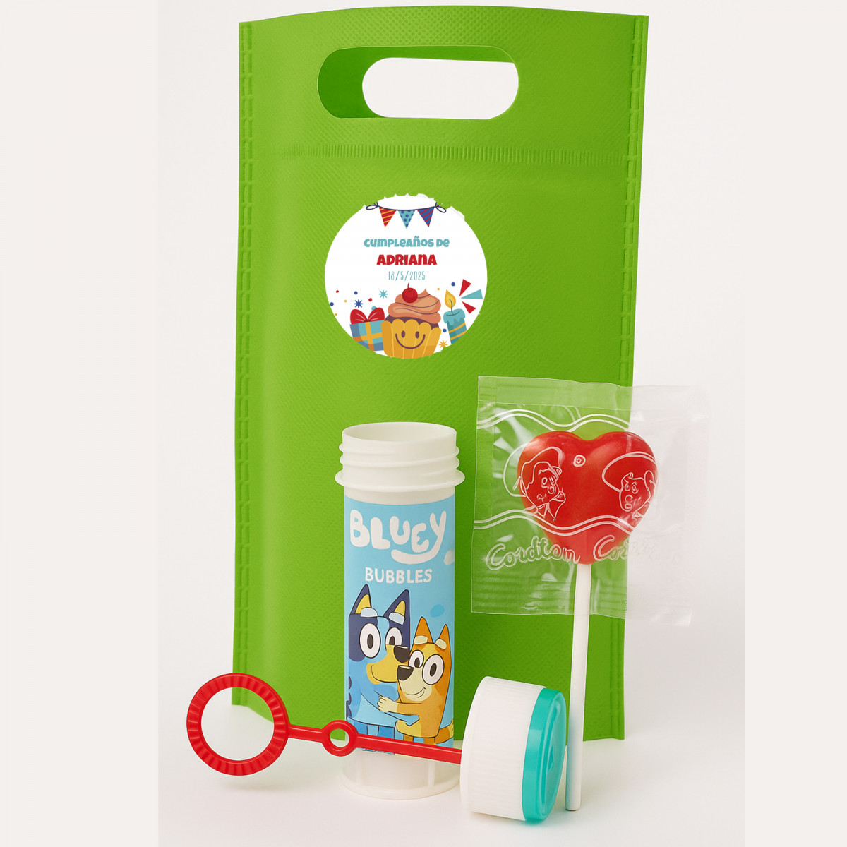 Pompero Bluey in busta con adesivo personalizzabile per dettagli