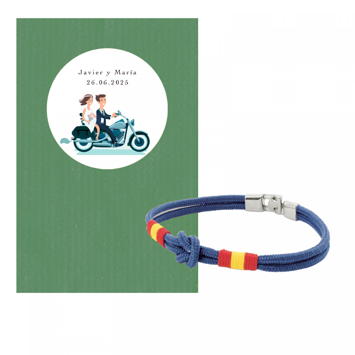 Bracciale con nodo marinaio in busta di kraft verde con adesivo personalizzato per matrimonio