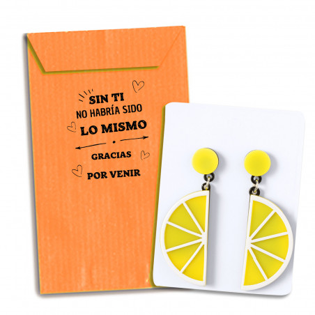 Orecchini a forma di limone in busta arancione con messaggio di ringraziamento per un pensiero