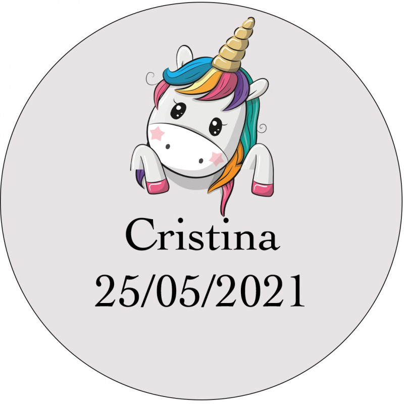 Adesivo unicorno personalizzato da 3 cm per eventi infantili