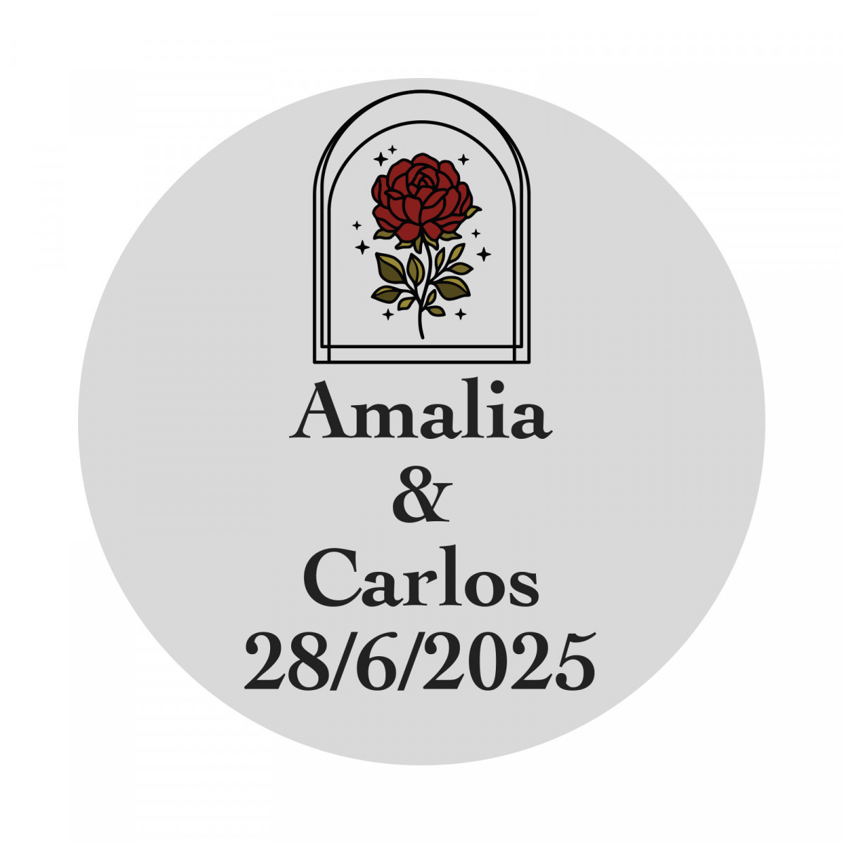 Adesivo matrimonio personalizzato con design di rosa in cupola