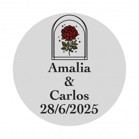 Adesivo matrimonio personalizzato con design di rosa in cupola