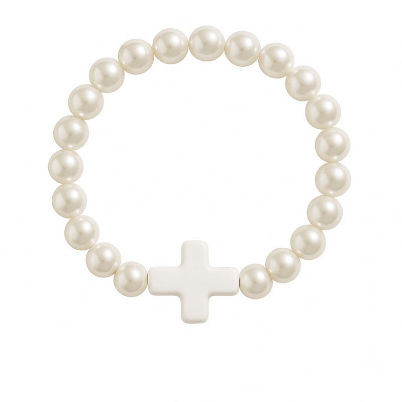 Bracciale di perline bianche perlescenti con croce colorata per eventi religiosi