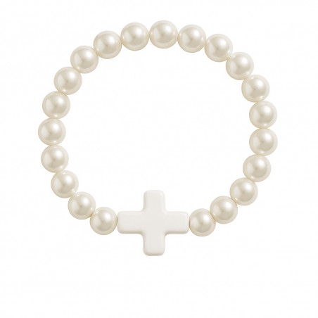 Bracciale di perline bianche perlescenti con croce colorata per eventi religiosi