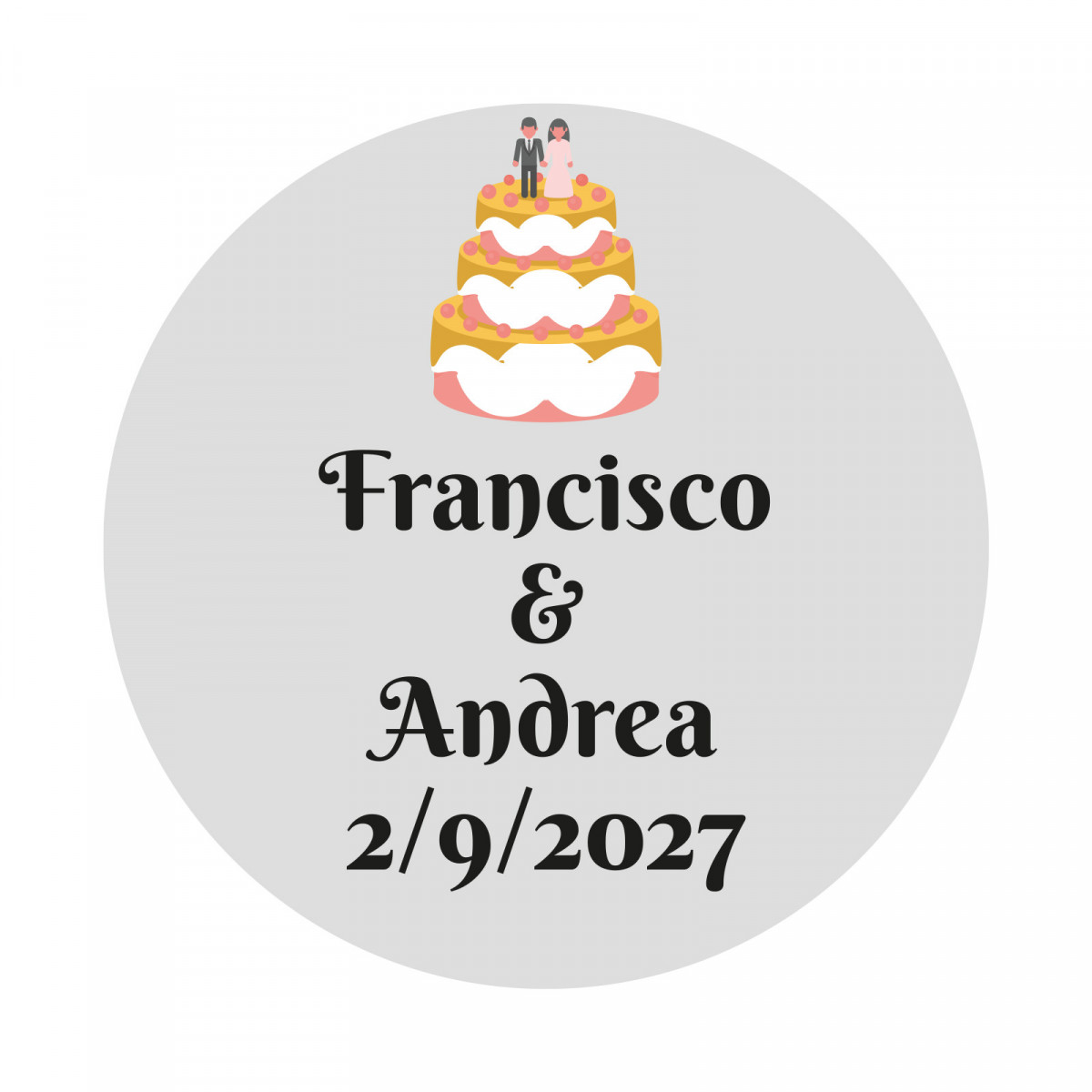 Adesivo 3 cm matrimonio personalizzato con design di torta nuziale e sfondo trasparente