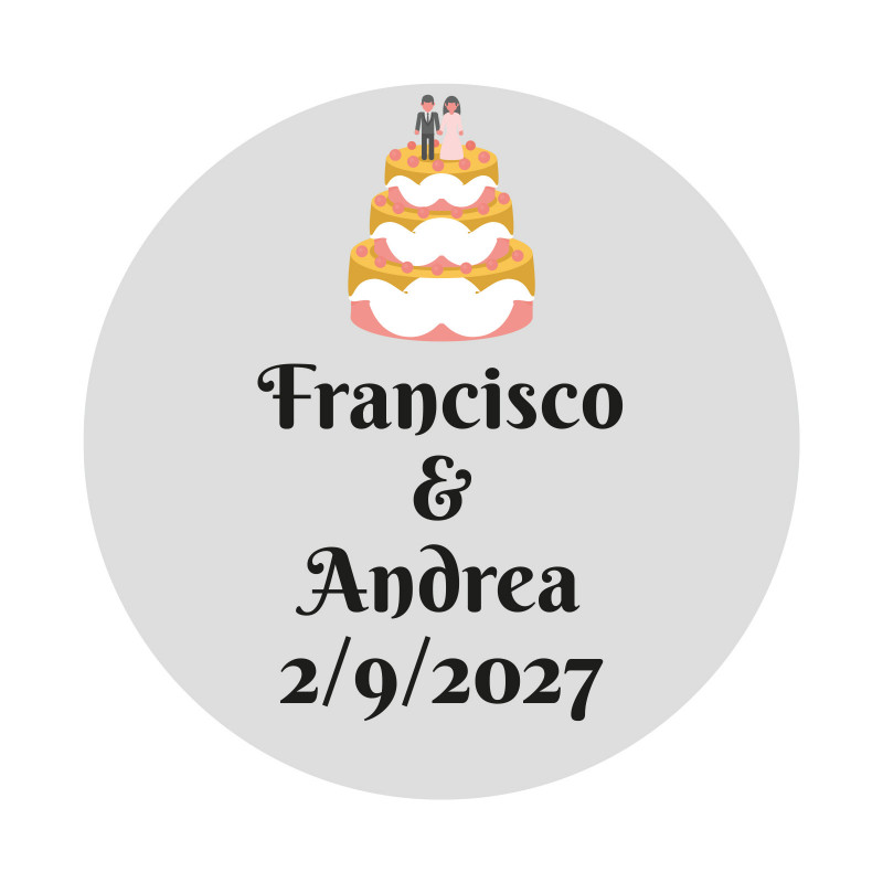 Adesivo 3 cm matrimonio personalizzato con design di torta nuziale e sfondo trasparente