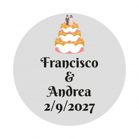 Adesivo 3 cm matrimonio personalizzato con design di torta nuziale e sfondo trasparente