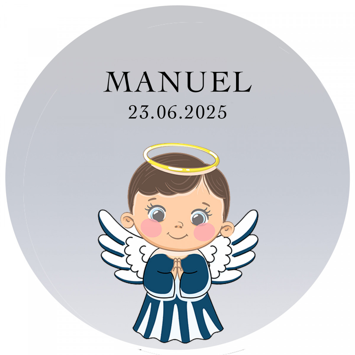 Adesivo comunione bambino con design di angelo personalizzato 3cm con fondo trasparente