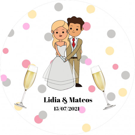 Adesivo per matrimonio personalizzato con coppia di sposi e calici 3 cm