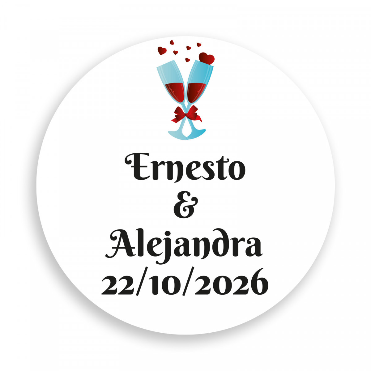 Adesivo 3 cm fondo bianco personalizzato con calici di brindisi
