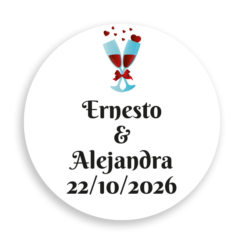 Adesivo 3 cm fondo bianco personalizzato con calici di brindisi