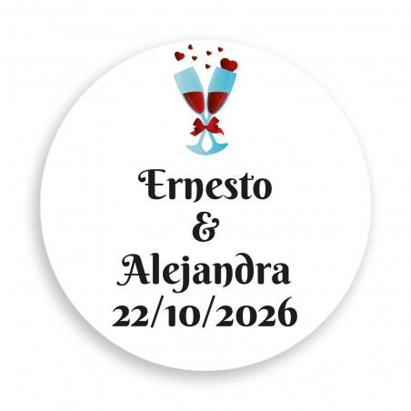 Adesivo 3 cm fondo bianco personalizzato con calici di brindisi