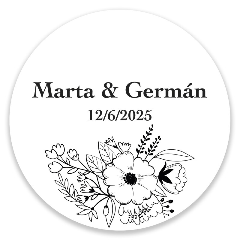 Adesivo personalizzato floreale bianco e nero per matrimoni ed eventi 3 cm