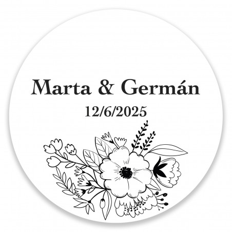 Adesivo personalizzato floreale bianco e nero per matrimoni ed eventi 3 cm