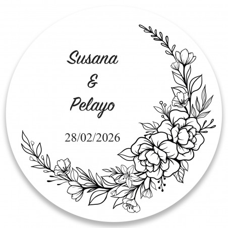 Adesivo personalizzato da 5 cm per eventi con design floreale in bianco e nero su fondo trasparente