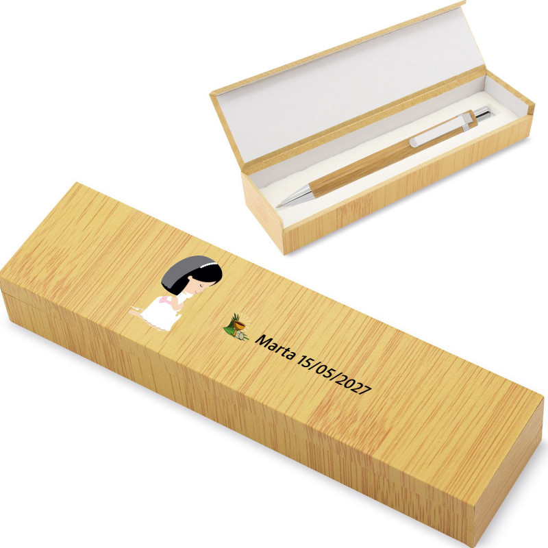 Penna di bambù personalizzata con scatola e adesivi