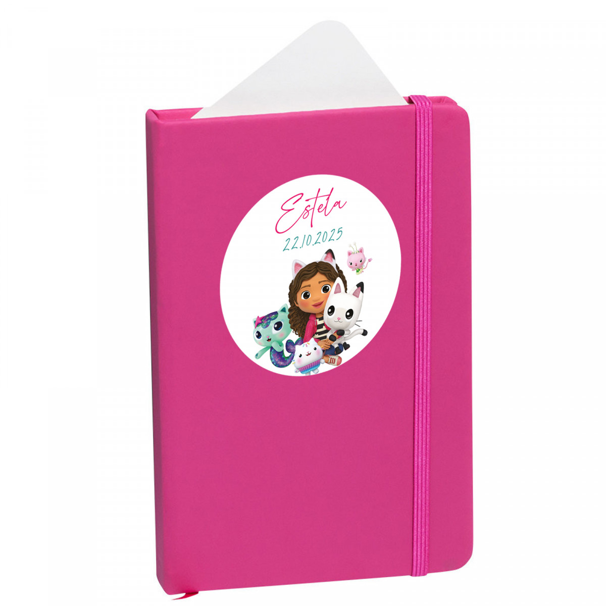 Libretto fucsia personalizzato con adesivo di Gabby di 5 cm
