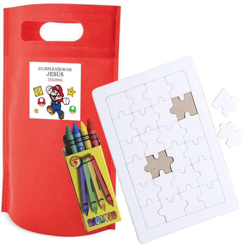 Puzzle da colorare con borsa e adesivo super mario per dettagli di compleanno