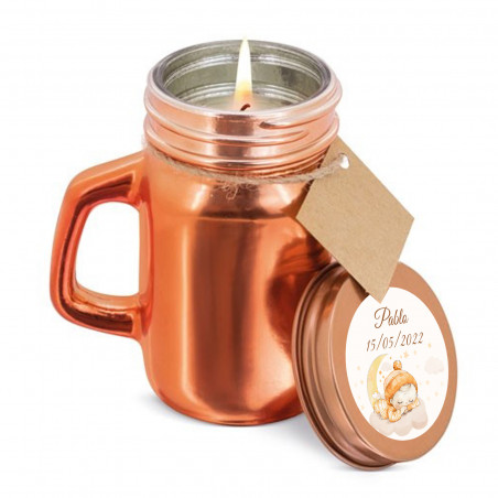 Candela in barattolo di vetro personalizzata con adesivo per battesimo