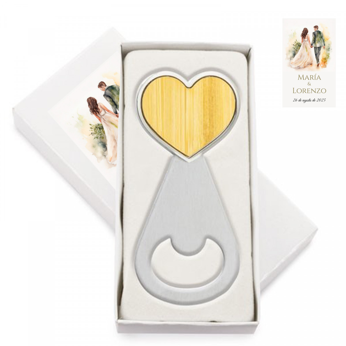 Apribottiglie con adesivo personalizzato per dettagli di matrimonio