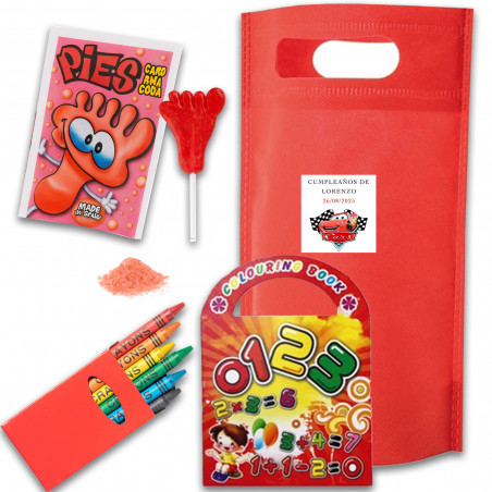 Dettagli auto bambini personalizzati borsa con caramelle e set di cancelleria