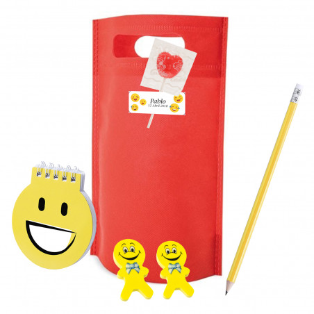 Emoji dettaglio infantile per eventi con quaderno matita e gomma da cancellare