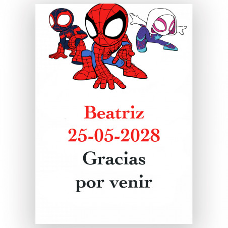 Spidey, adesivo con testo personalizzato 5x7 cm per eventi infantili