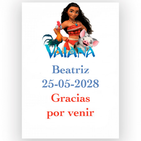 Vaiana Moana, adesivo editabile 5x7cm per eventi infantili